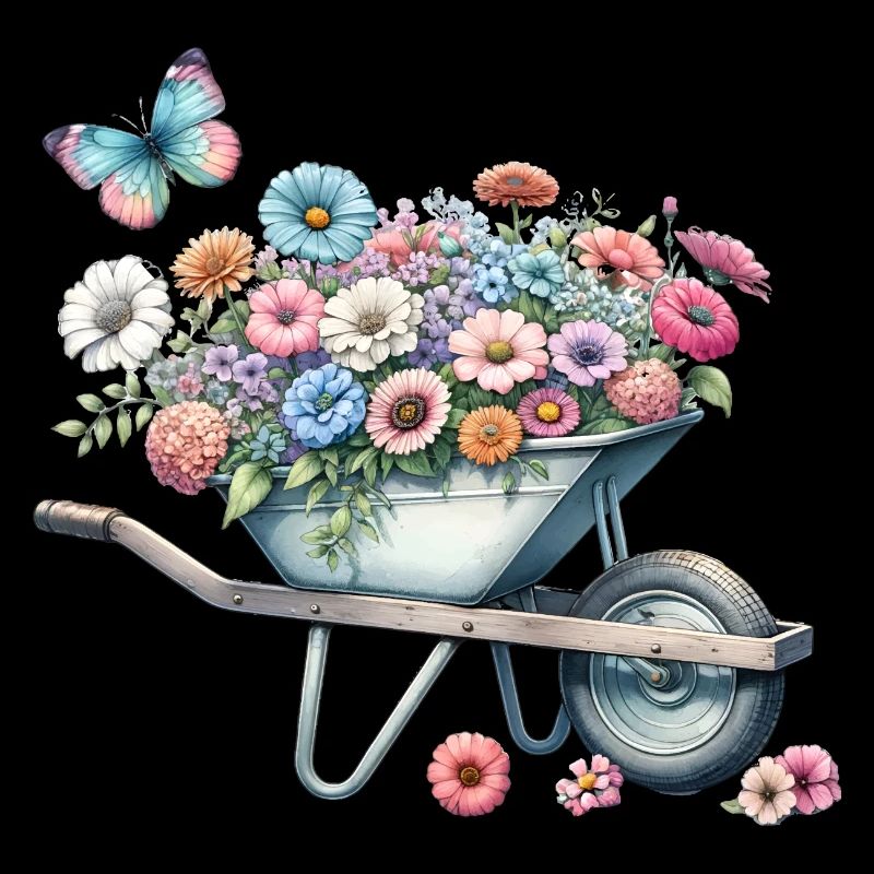 Brouette remplie de fleurs aux couleurs pastel