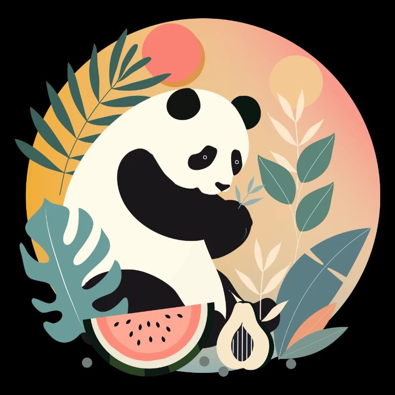 Panda with exotic plants and fruits