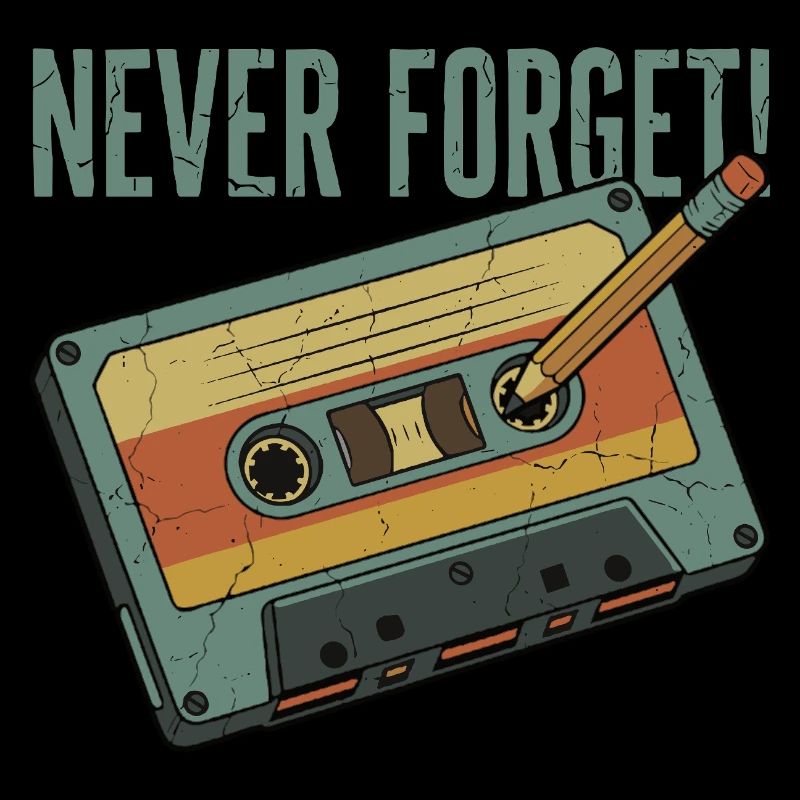 Never Forget – Retro Kassette & Bleistift Design