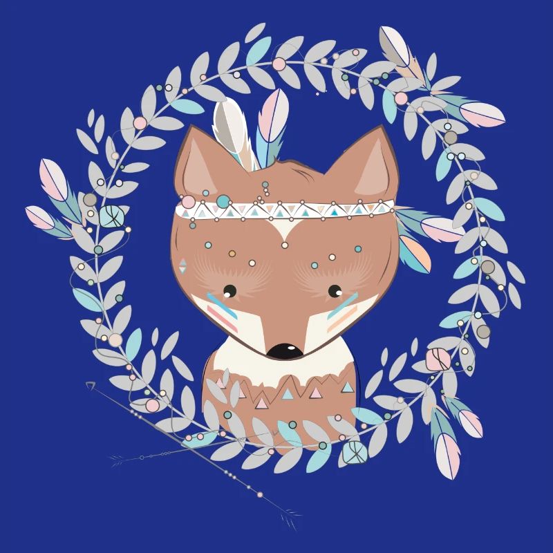 small fox with feather decoration in ethno frame