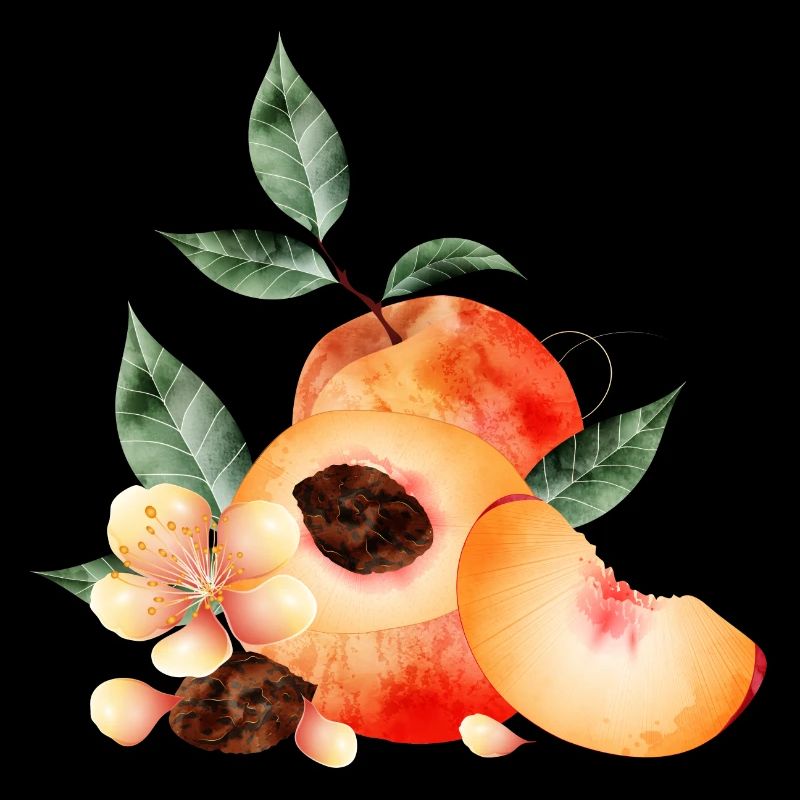 Demi-pêche, pêches, pêches, fleurs et quartier