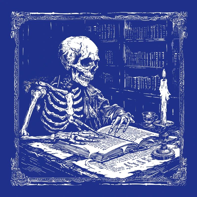 Skeleton at the reading table bookworm bookworm
