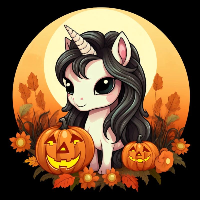 Herbstliches Halloween-Einhorn mit Kürbis beim