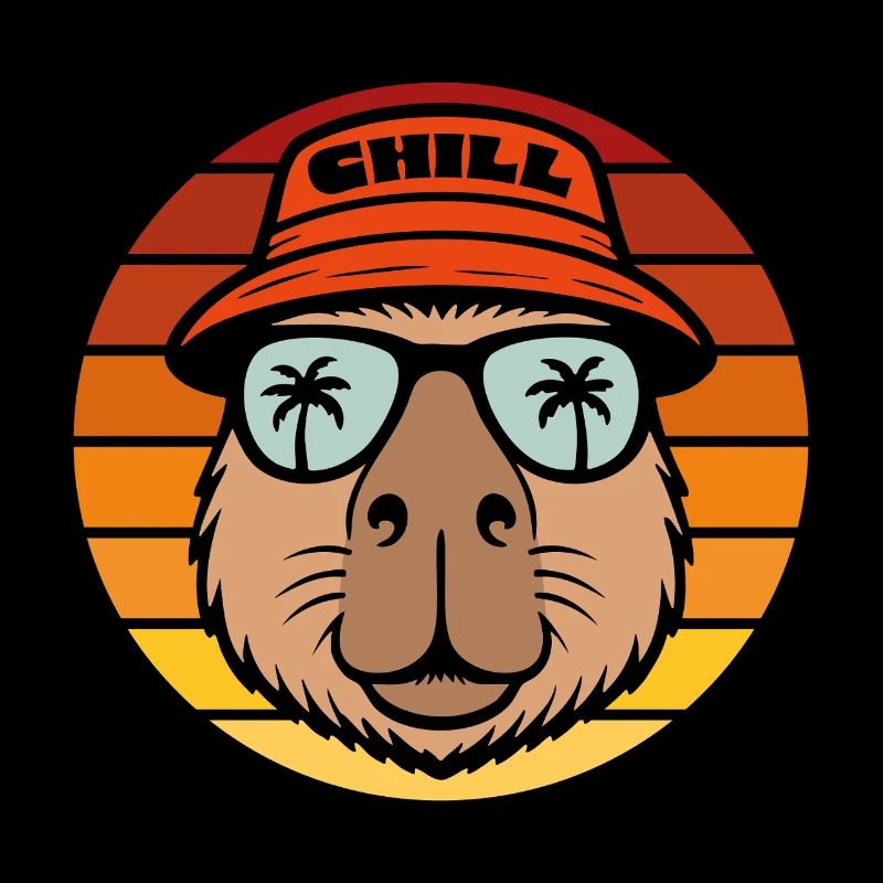 Chill Capybara Retro Sunset with Palm Trees