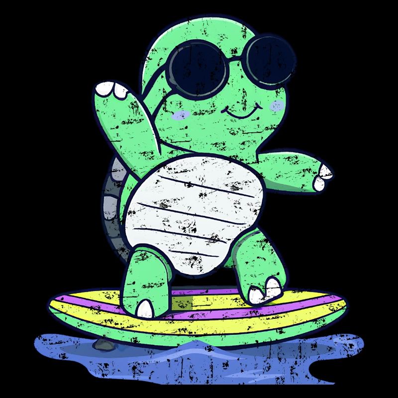 Kawaii turtle on surfboard with sunglasses