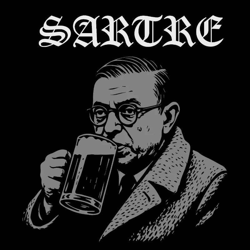 Vintage Sartre Drinking Beer Illustration