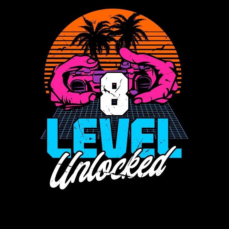 Level 8 Unlocked 8th Birthday Gamer 80s retro