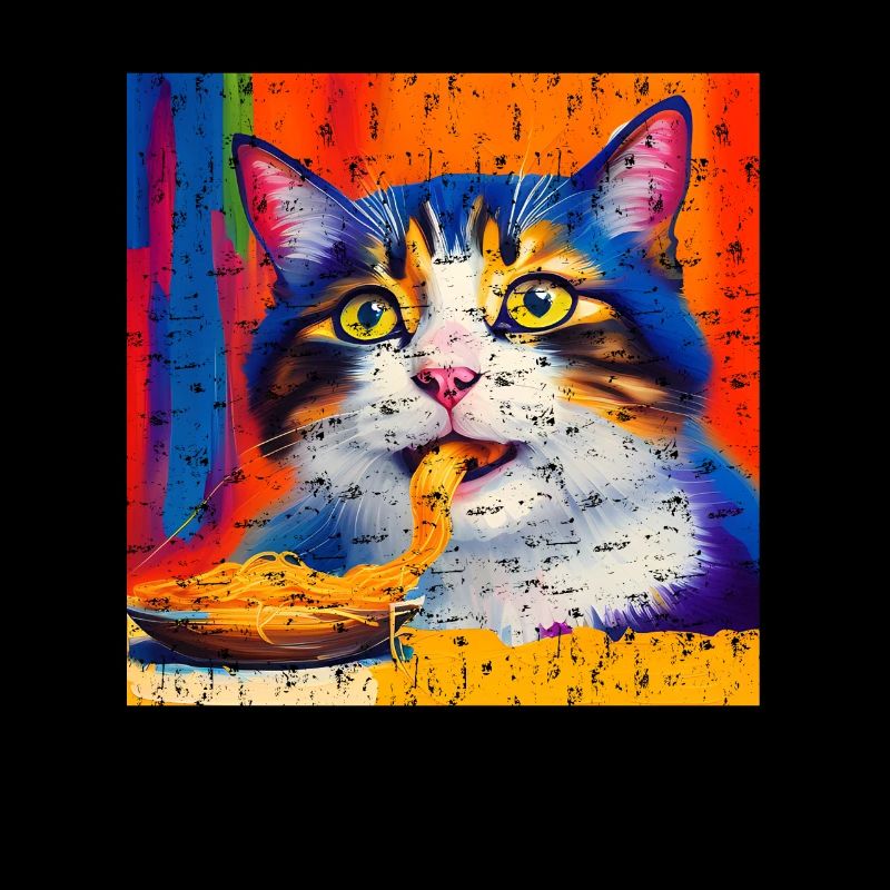 Katze isst Spaghetti Ölgemälde