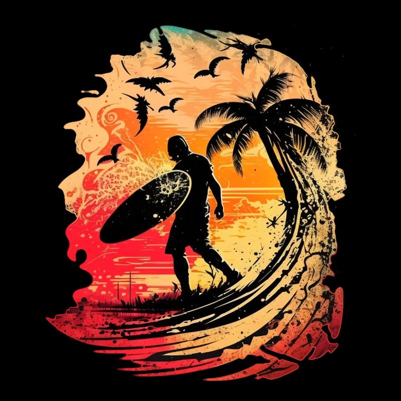 Casual surfer in sunrise under palm trees