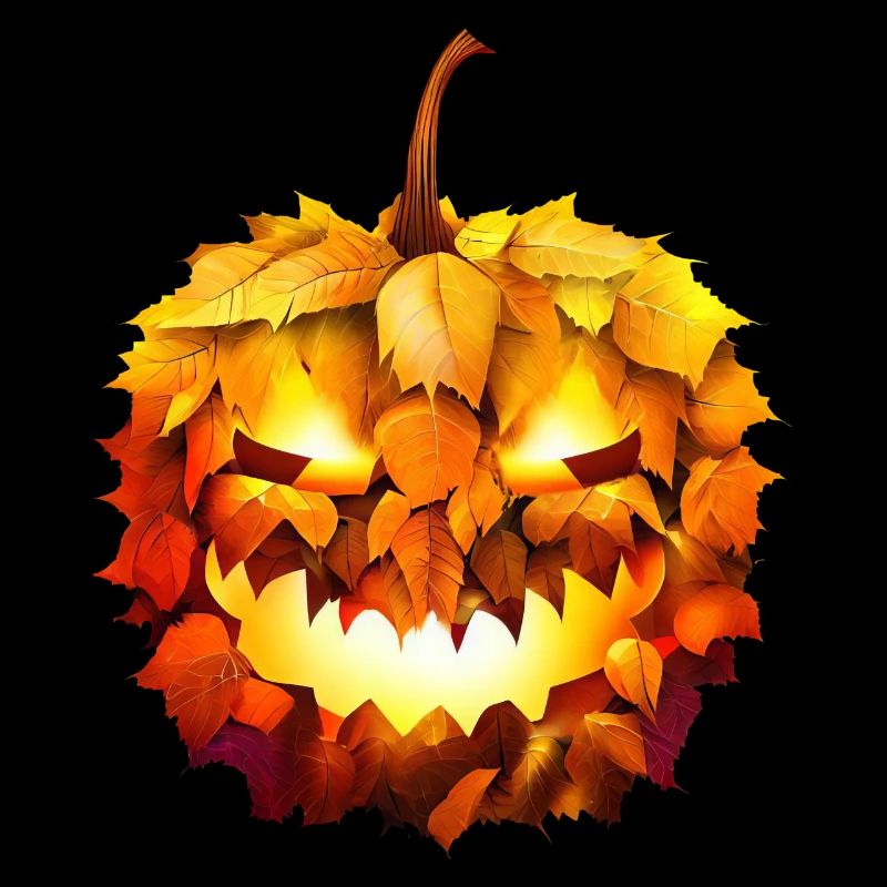Glowing Halloween pumpkin in autumn foliage