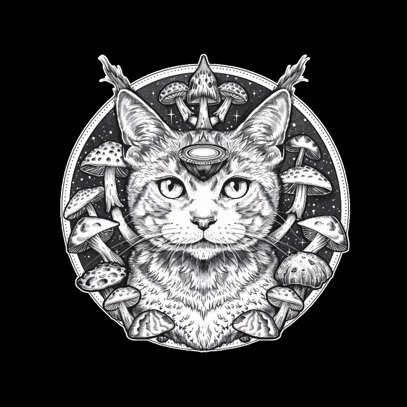 Des chats mystiques dans un monde parallèle avec des champignons