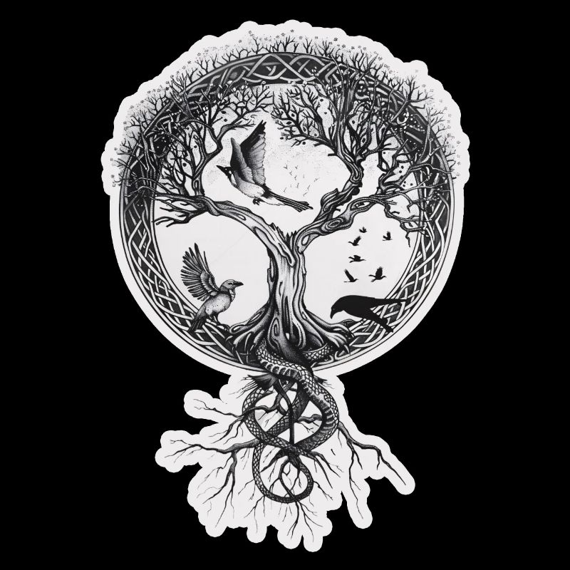 Arbre de vie avec oiseaux, corbeaux et racines