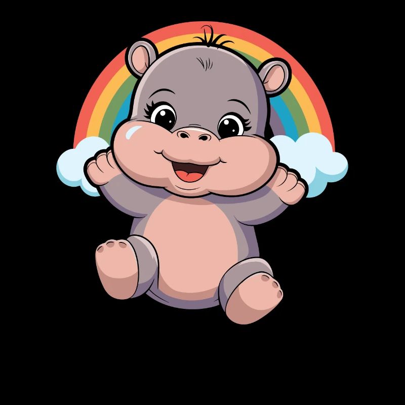 Happy Hippo Under Rainbow Clouds
