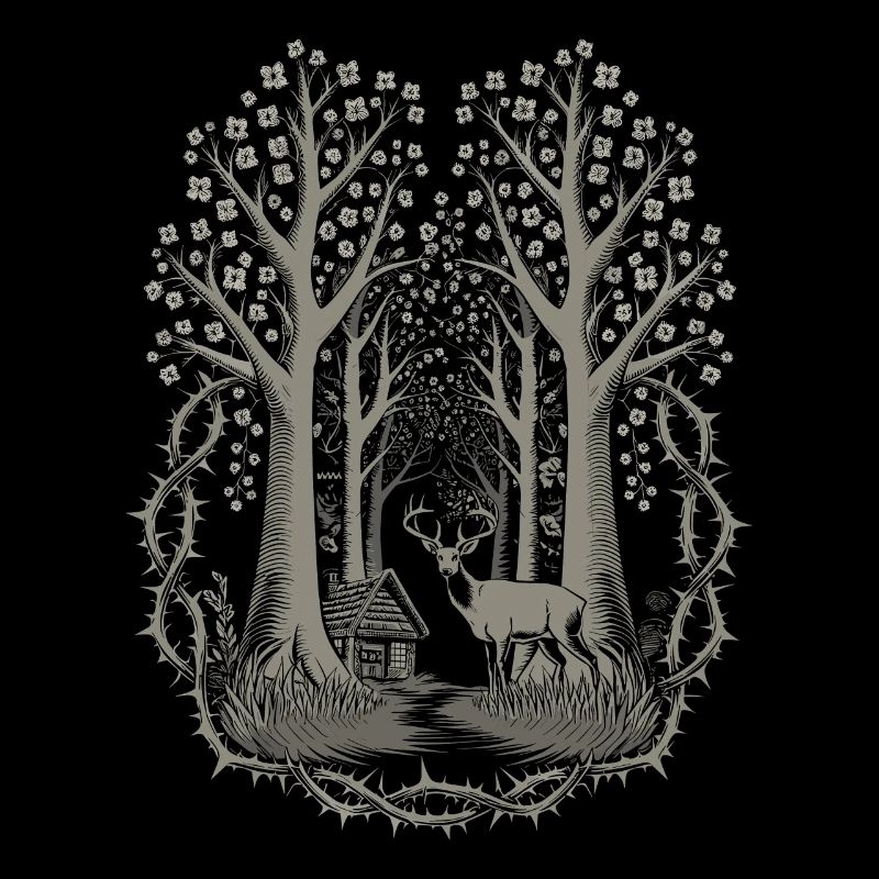 Dunkle Cottagecore Waldszene mit Hirsch