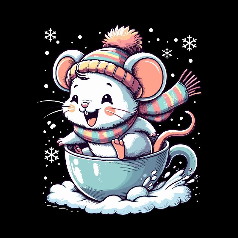 Cute mouse in mug driving sled on snow