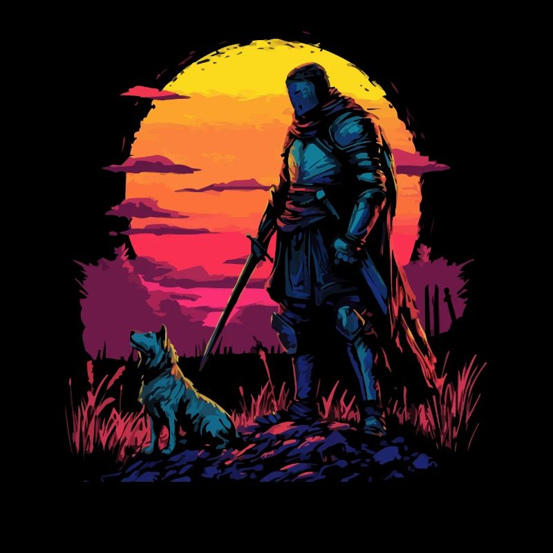 Chevalier et chien au crépuscule devant