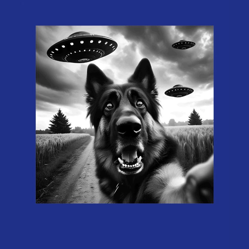 German Shepherd Funny GSP Selfie with UFOs Weird A
