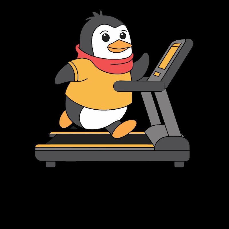 Funny penguin running on treadmill