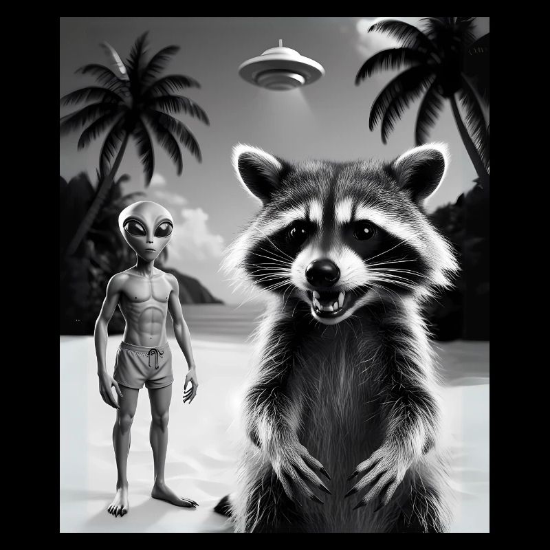 Waschbär macht ein Selfie am Strand mit Alien