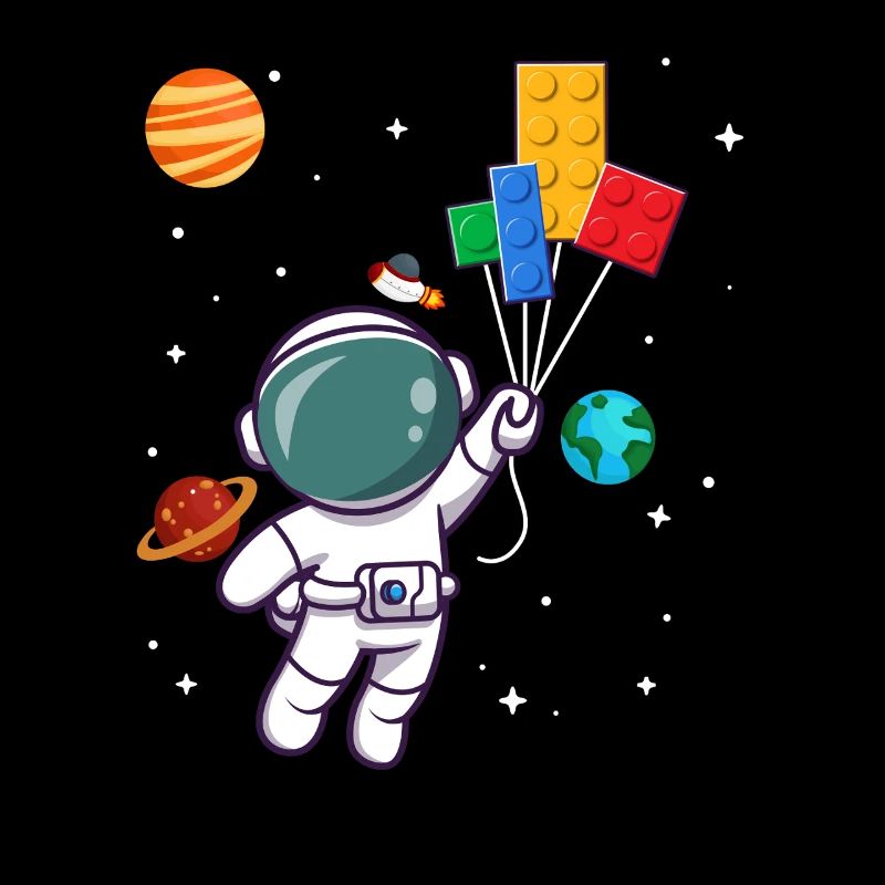 Astronaut with building blocks and planets in space
