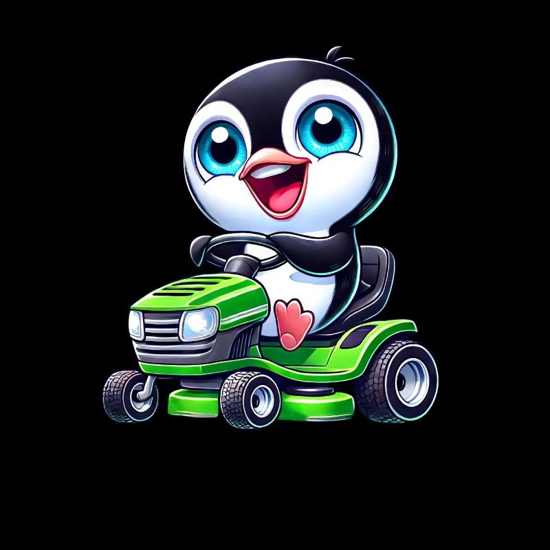Pinguin auf Traktor Rasenmäher Gartenbau