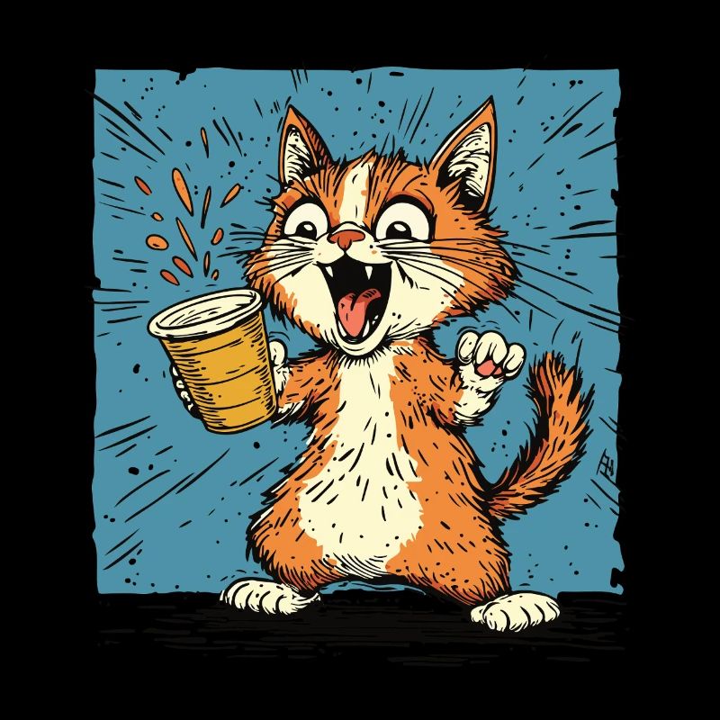 Aufgeregte Katze mit Kaffee im Comic-Stil