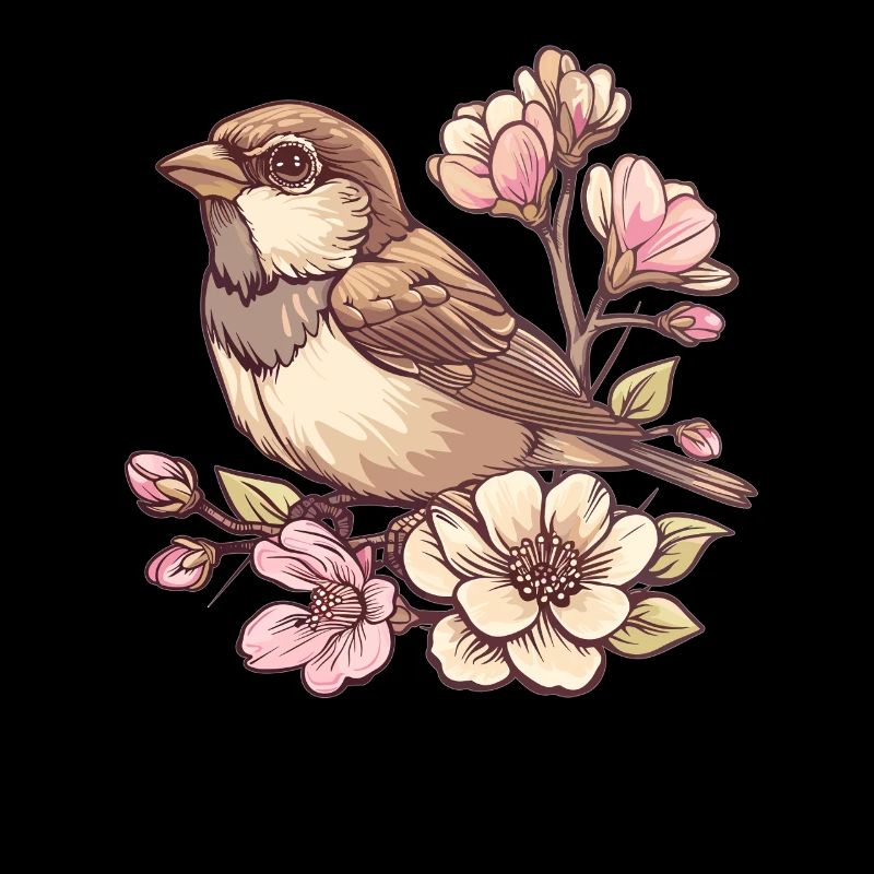 Spatz auf Blütenzweig