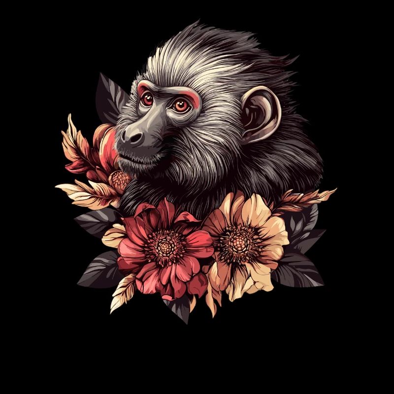 Singe pensif avec des fleurs