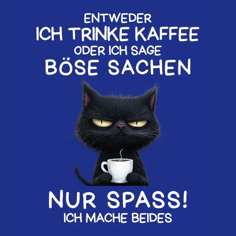 Schwarze Katze mit Kaffee und Todesblick