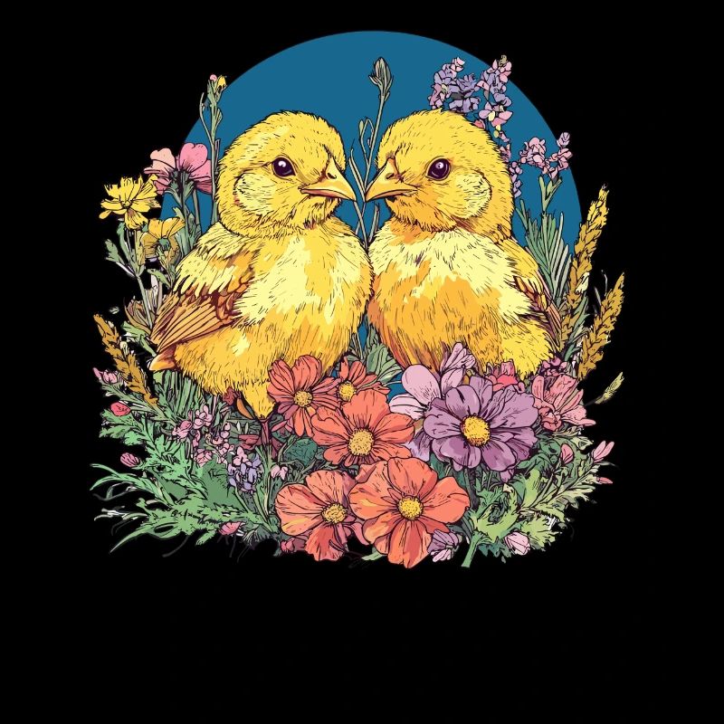 Poussins dans le champ de fleurs