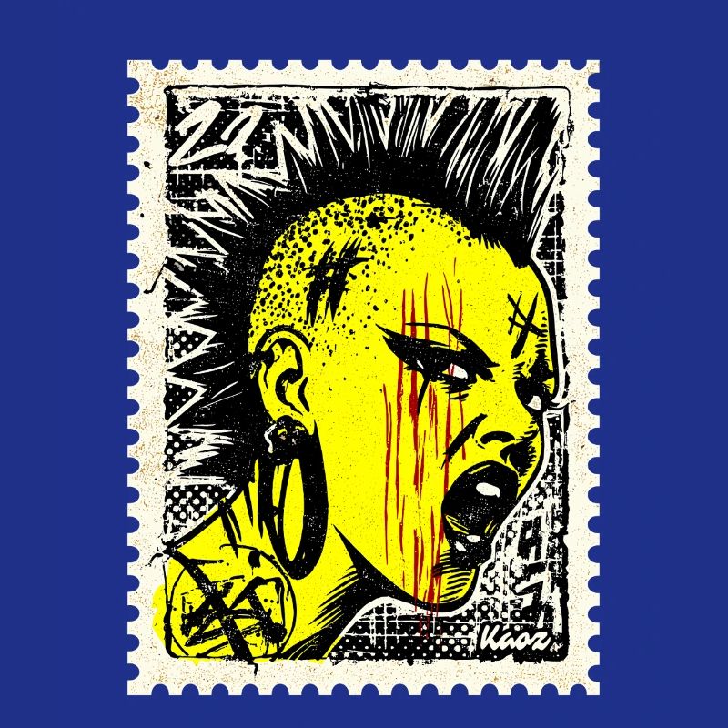 Femme punk sauvage avec mohawk et colère sur timbre-poste