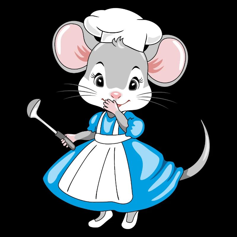 Laughing chef mouse with a ladle in her hand