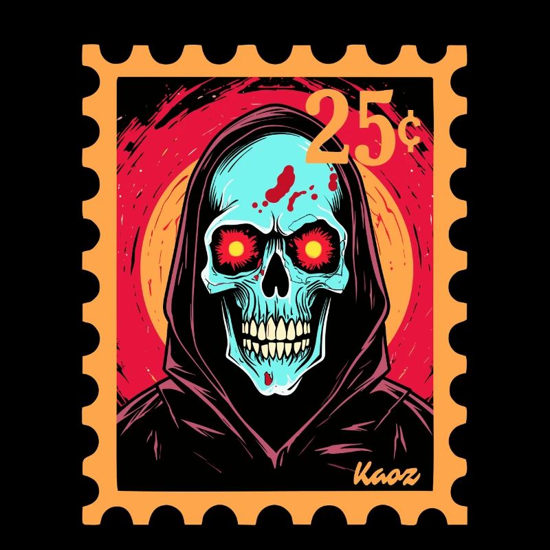Luminous skull with hood on stamp