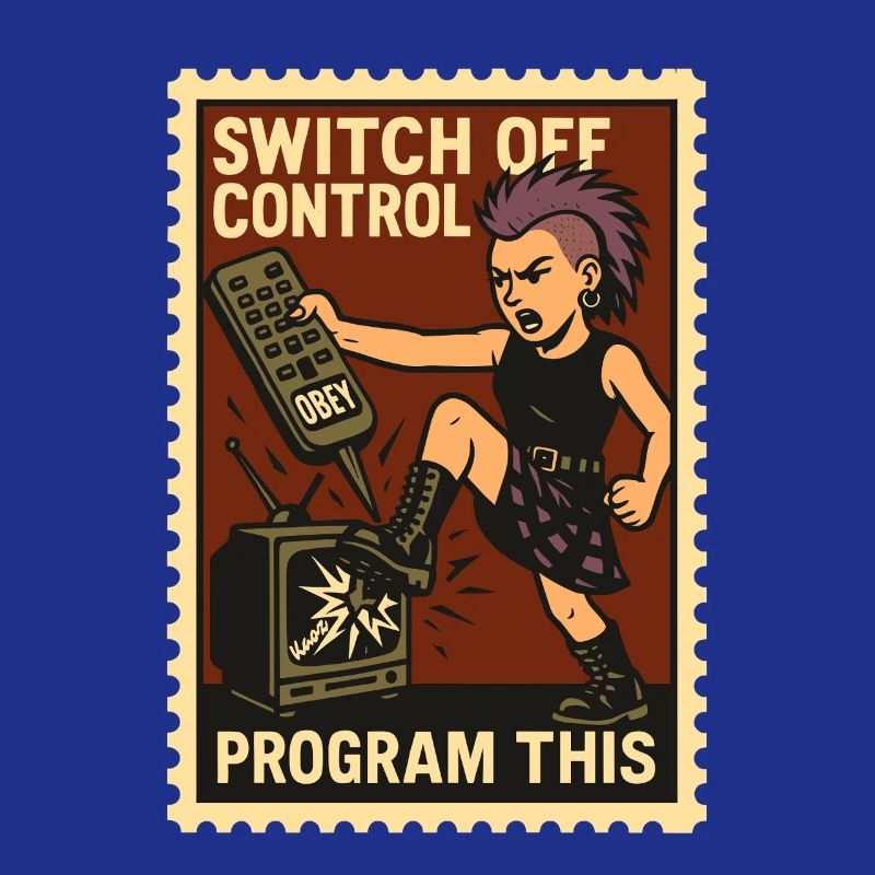 Punk donne un coup de pied à la télé avec la télécommande à la main