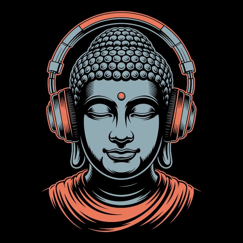 Buddha mit Kopfhörern Achtsamkeit Musik Boho Zen