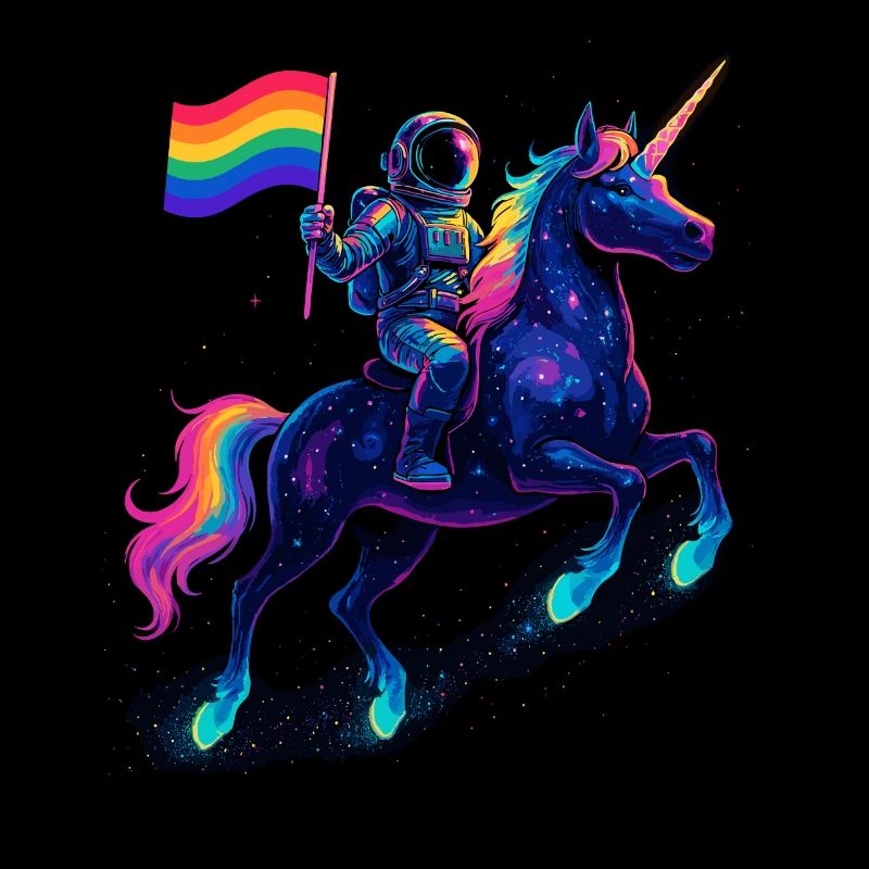 Astronaute sur licorne avec drapeau arc-en-ciel
