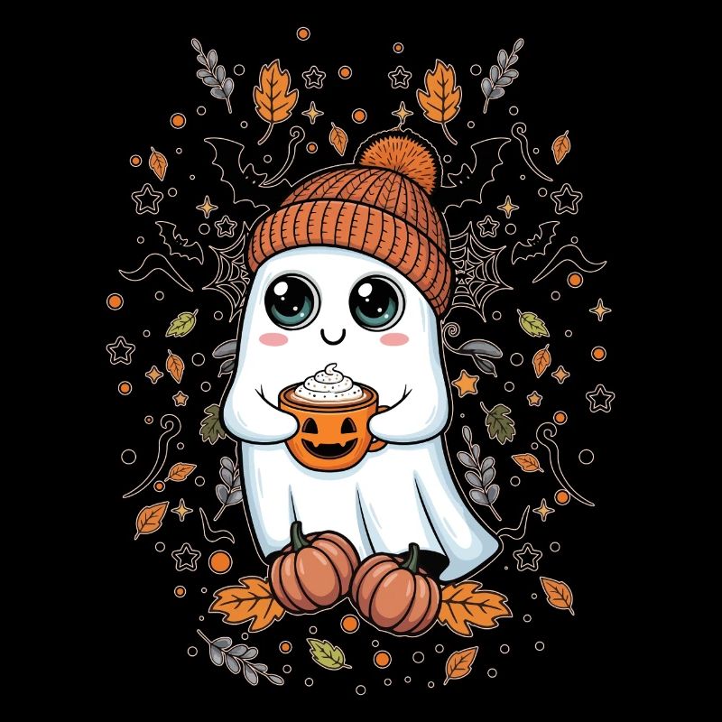 Cute Ghost Drinking Coffee Pumpkin