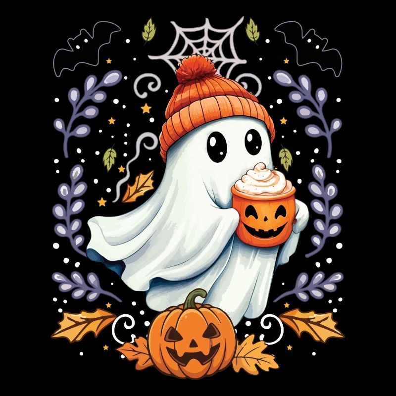 Kawaii Cute Ghost Drinking Coffee