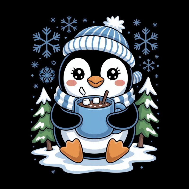 Pingouin d'hiver mignon avec du cacao et des flocons de neige