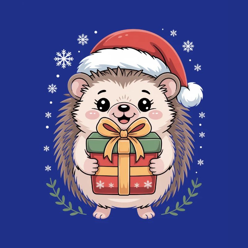 Christmas hedgehog with hat and parcel