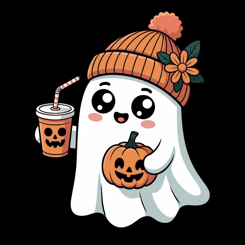 Cute Ghost With Pumpkin Spice Latte And
