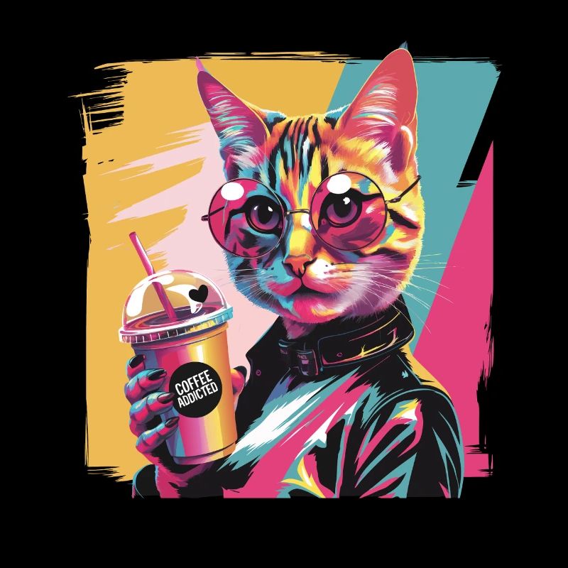 Popart Katze mit Lederjacke und Kaffee