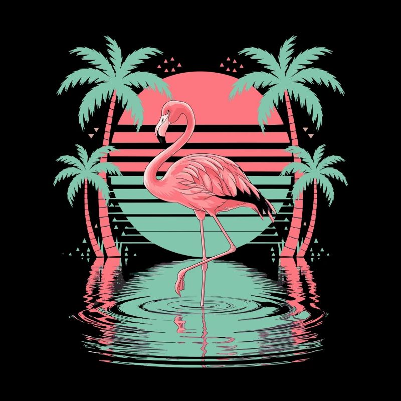 Tropical flamingo palm trees water sunset
