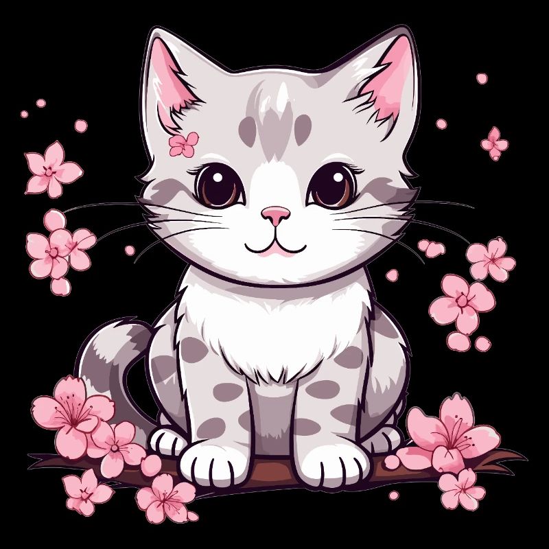 Chat mignon avec des fleurs de cerisier