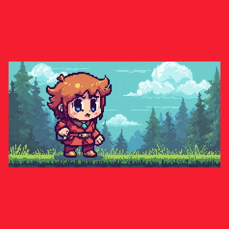 Héros pixel dans la scène du jeu d’aventure en forêt