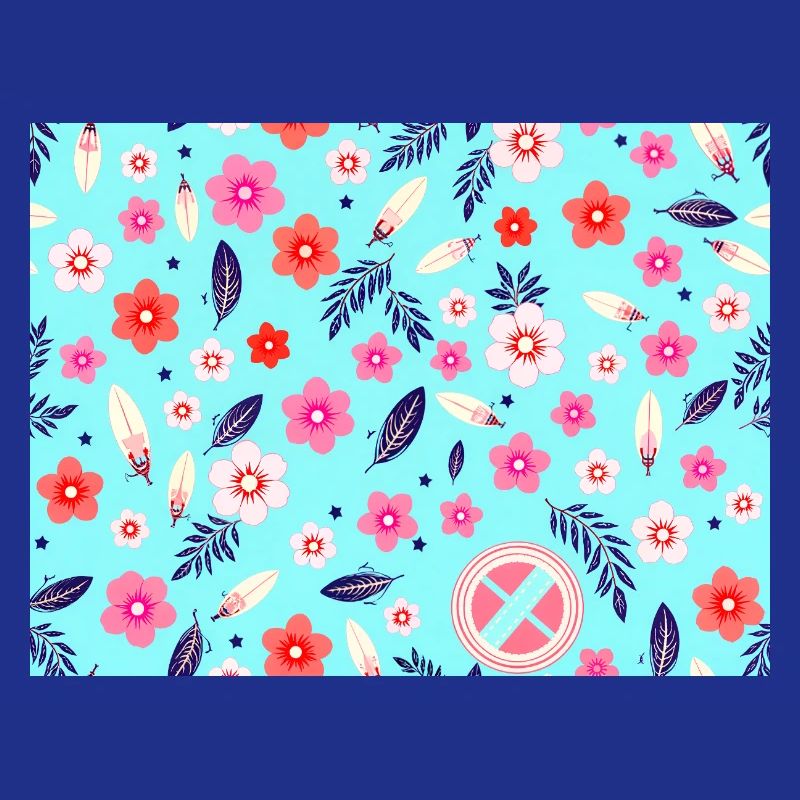 Floral pattern with surfboards on sky blue