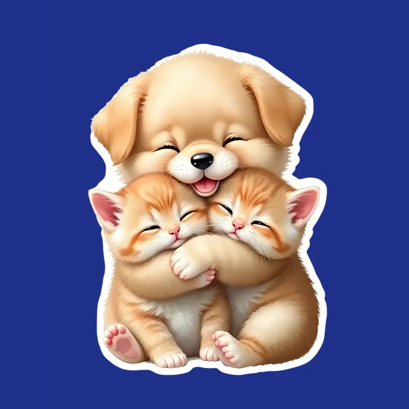 Petit chien serrant deux chatons dans ses bras