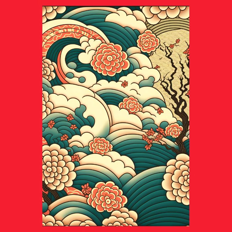 Wave Roses Ukiyo Clouds Pattern