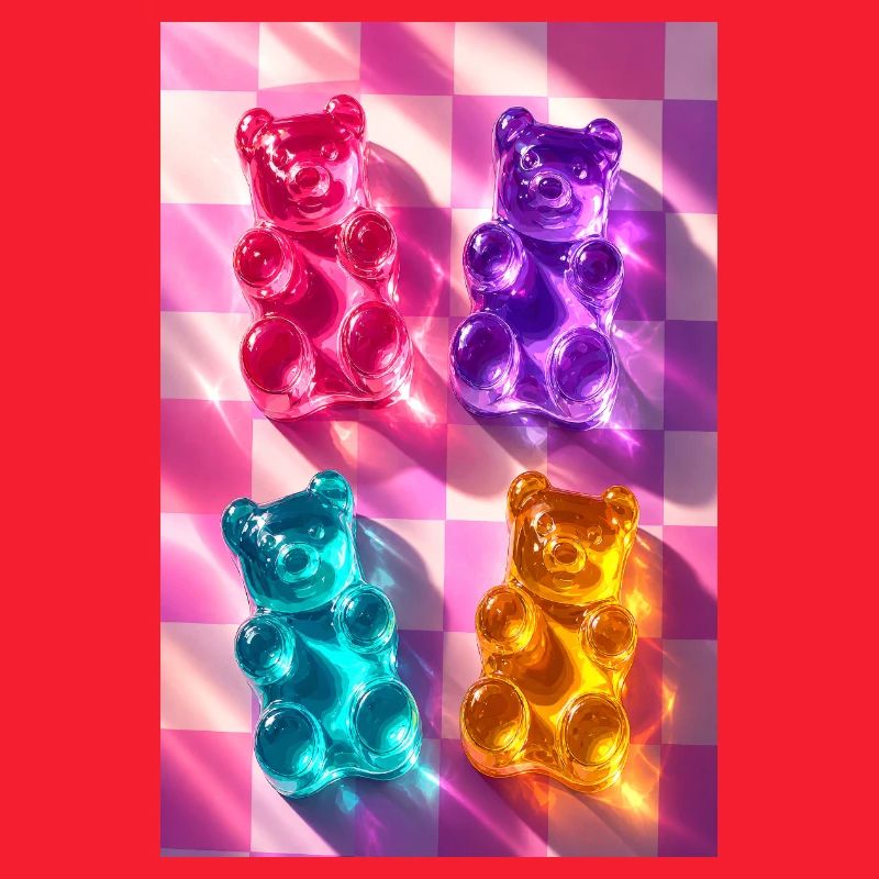 Neon Gummy Bears on Checkerboard