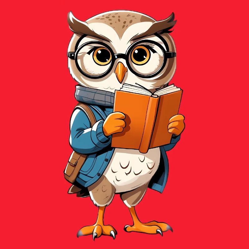 Lernende Eule mit Brille liest Buch